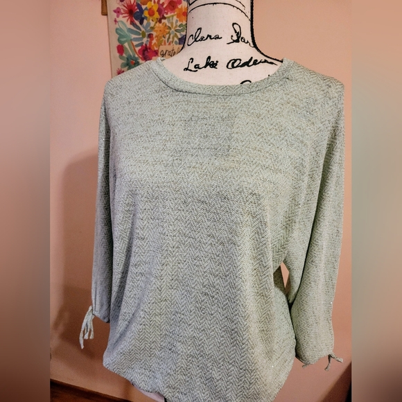 Mint Green Shimmery & Stretchy Lightweight Sweater, 3/4 Tie Sleeve, EUC, L - Picture 2 of 9
